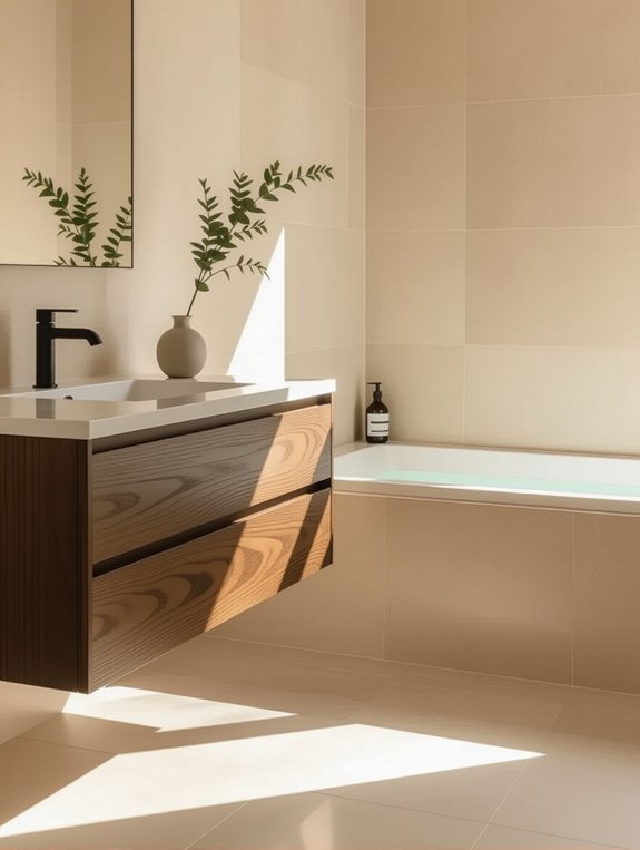 sleek tiles warm wood