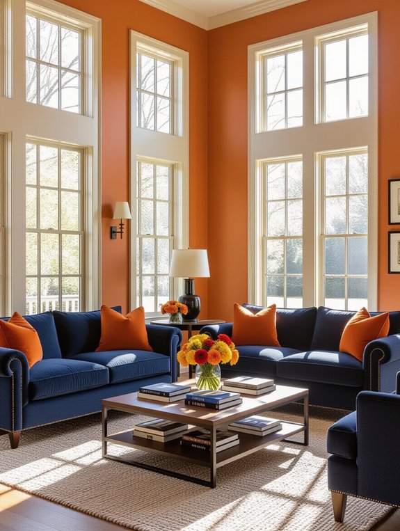 sophisticated orange blue living room