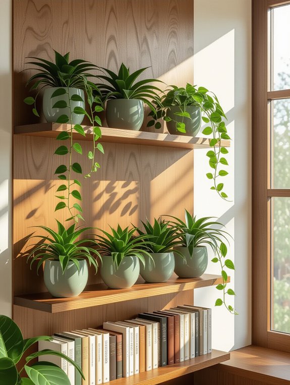 stylish wall mounted bookcase greenery