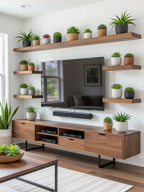 succulent adorned floating shelves