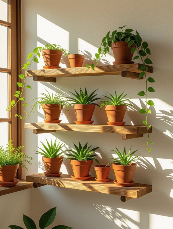 terracotta pots on shelves
