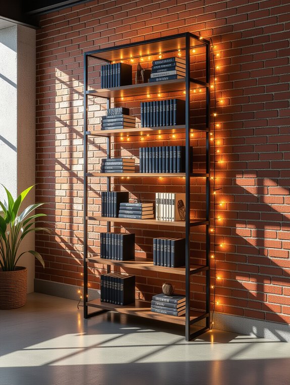 twinkling lights on bookshelf