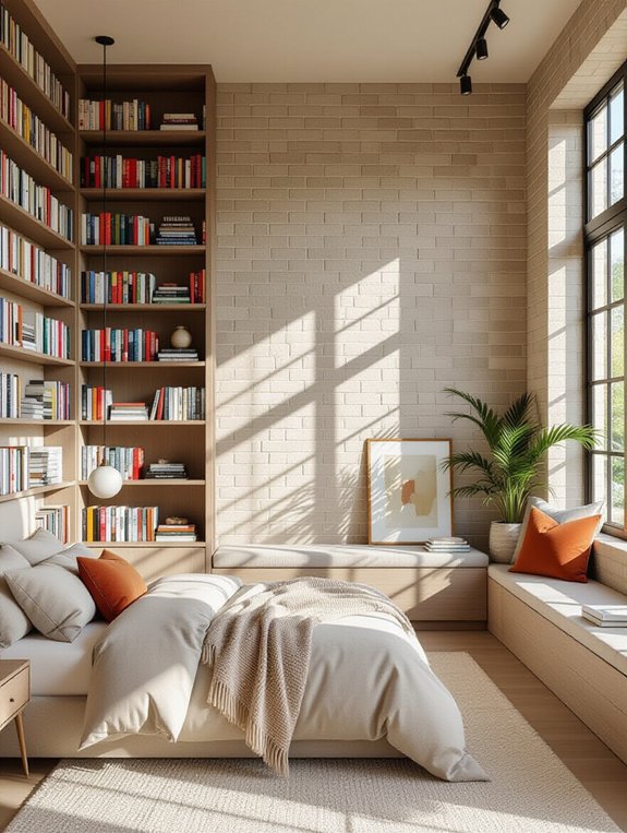 vibrant bookshelves against brick