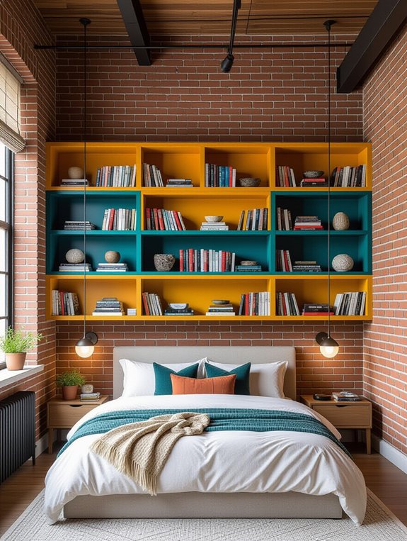 vibrant bookshelves raw brick