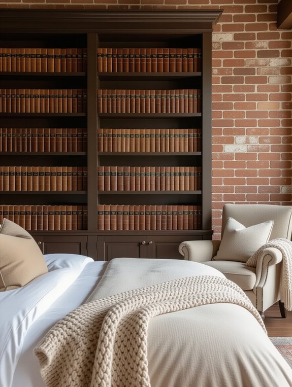 vintage bookshelves against brick
