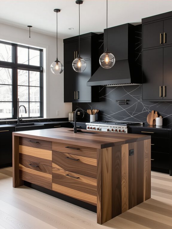 walnut island in black kitchen
