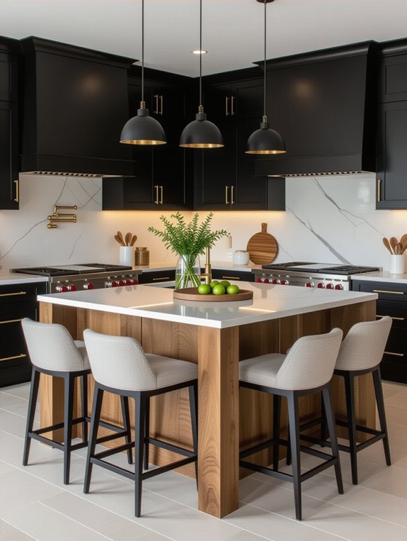 warm black cabinets maple island