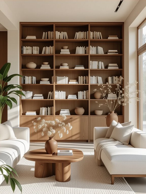 warm wooden shelves dried flowers