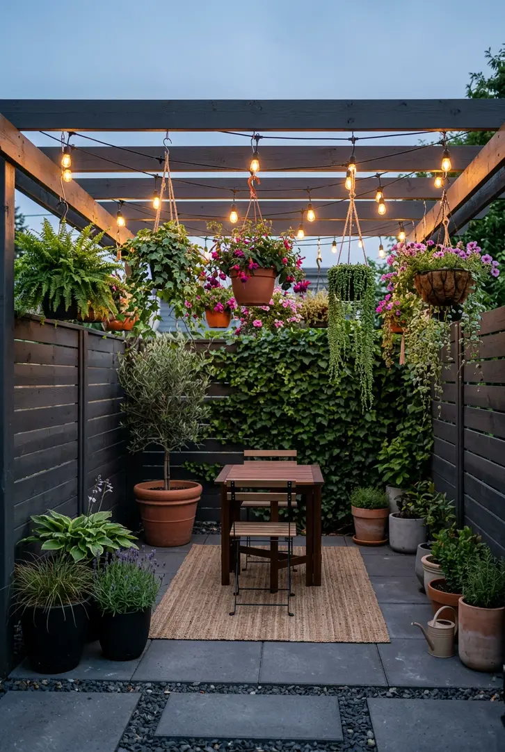 Hanging Planters and String Lights
