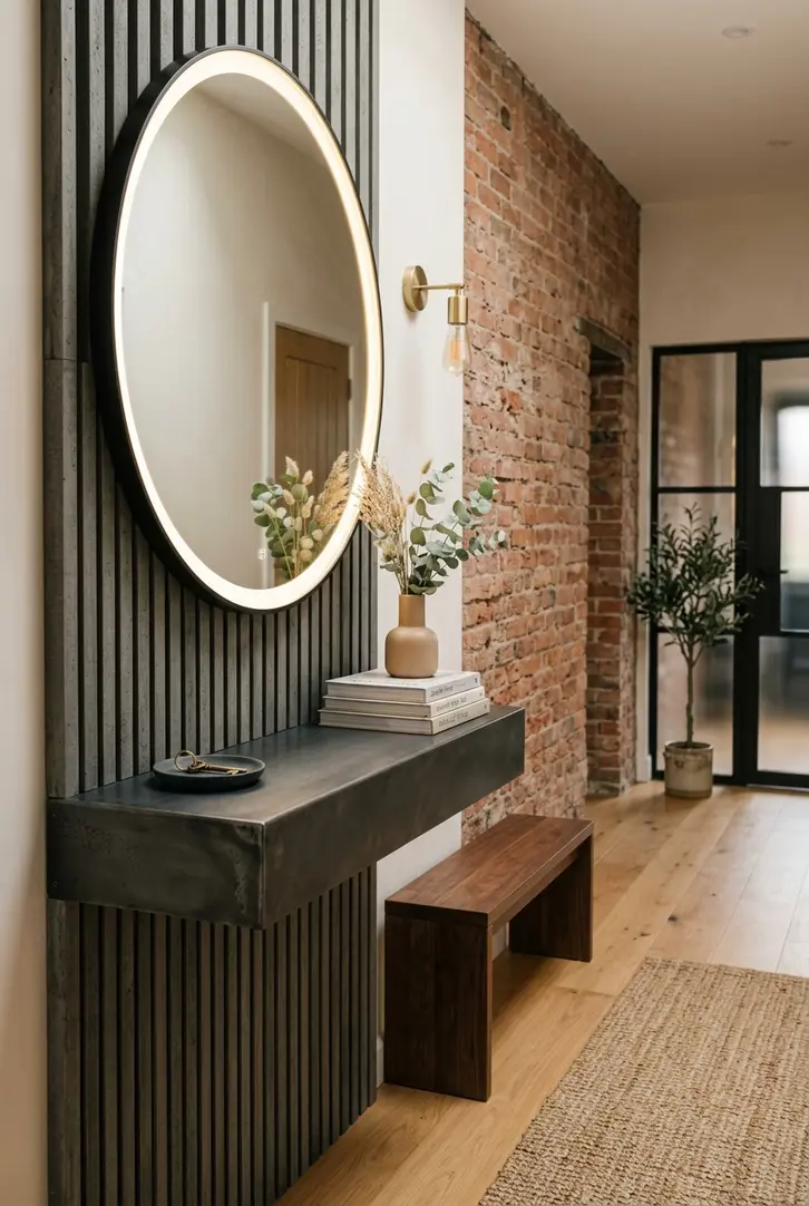Industrial Chic Meets Soft Glow for a Bold Entrance