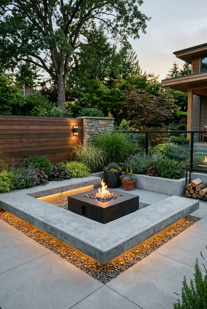 Floating Bench Integration with Fire Pit Ideas Backyard