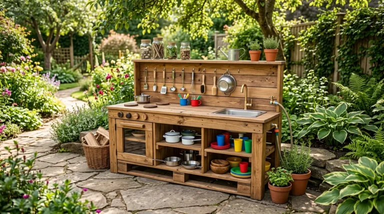 pallet mud kitchen, DIY outdoor play, kids outdoor kitchen, recycled pallet projects