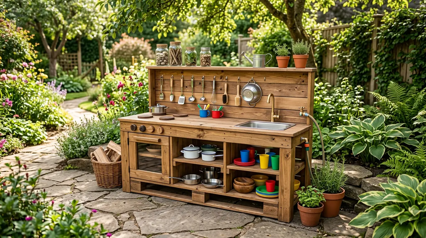 pallet mud kitchen, DIY outdoor play, kids outdoor kitchen, recycled pallet projects