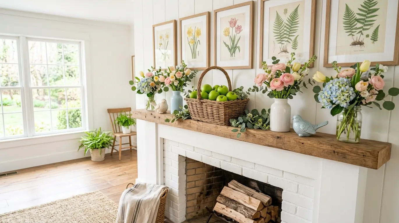 spring mantle decor ideas, seasonal home styling, fresh home accents, mantle decorating tips