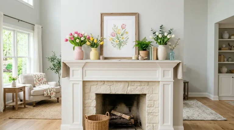 spring mantle decor, spring fireplace styling, seasonal mantel ideas, fresh spring home