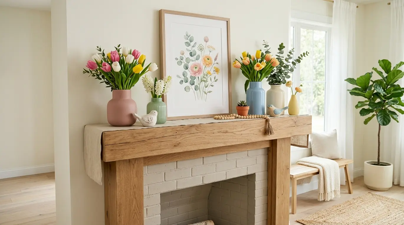 spring mantle decor ideas, seasonal mantel styling, easy spring decorating, mantle refresh ideas