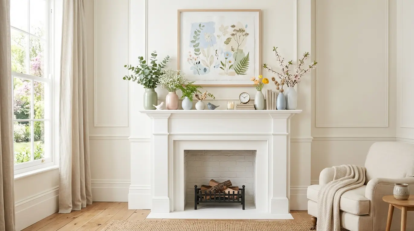 spring mantle decor ideas, spring mantel styling, seasonal fireplace decor, fresh spring home