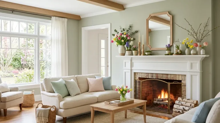 spring mantle decor ideas, seasonal mantel styling, fresh spring accents, elegant spring vignettes