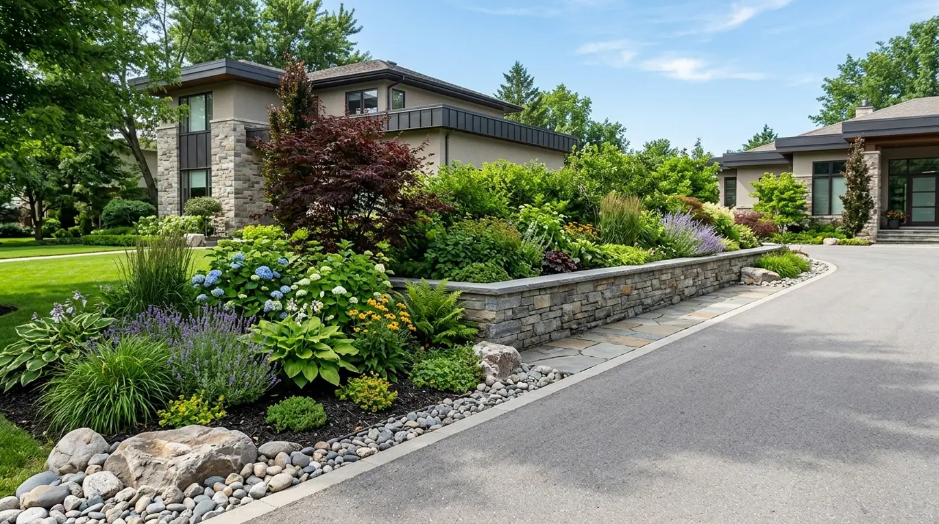 side of driveway landscaping, driveway curb appeal, front yard landscaping, landscape design ideas