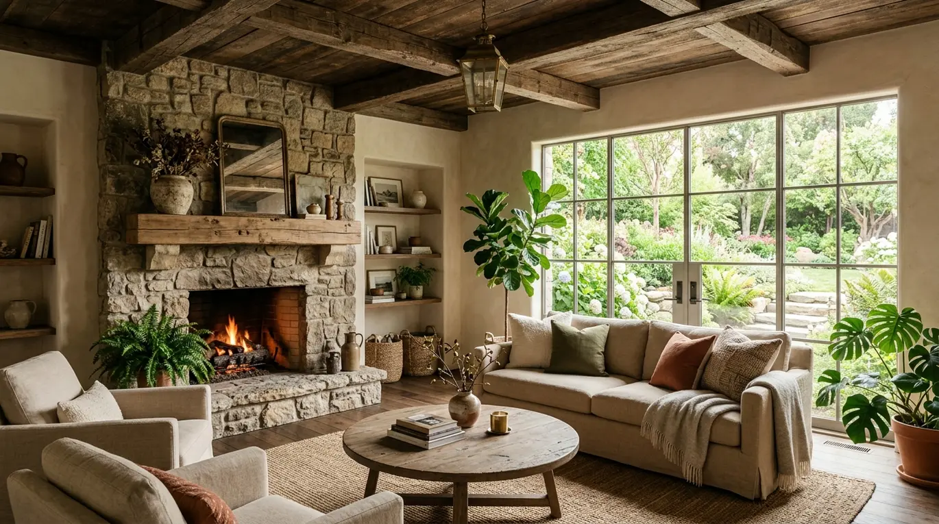 earthy cottage home decor, rustic interior design, natural home accents, bohemian farmhouse style