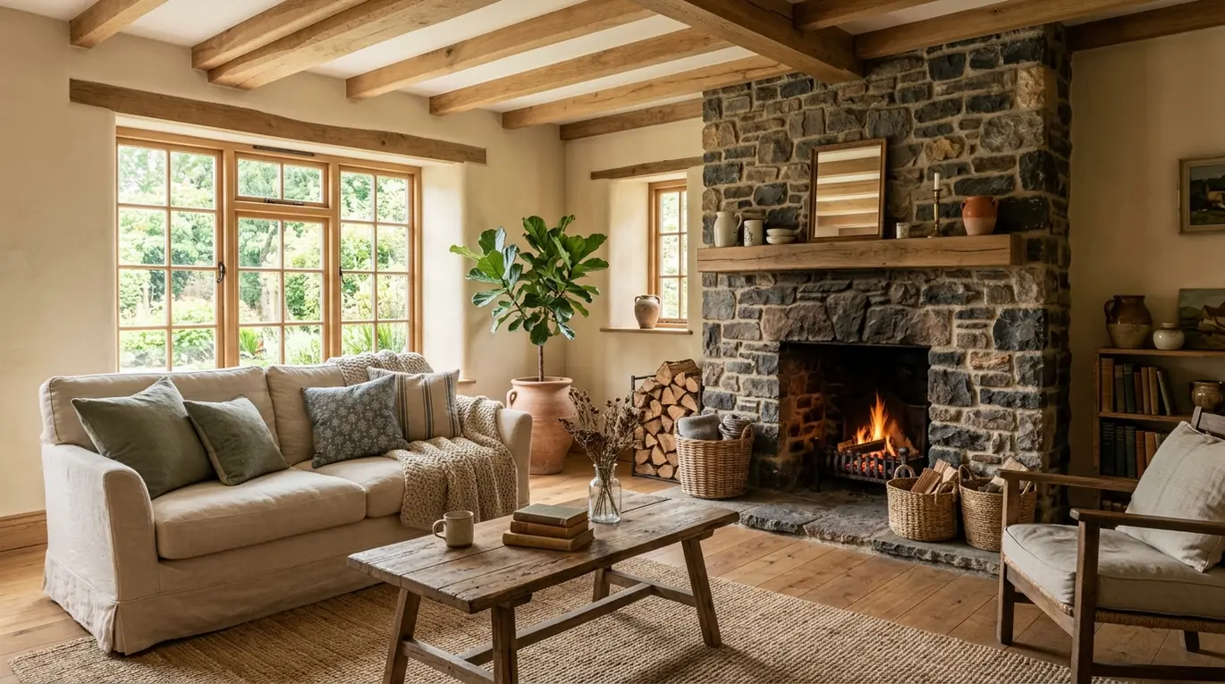 earthy cottage home decor, rustic farmhouse style, natural home elements, cozy interior design