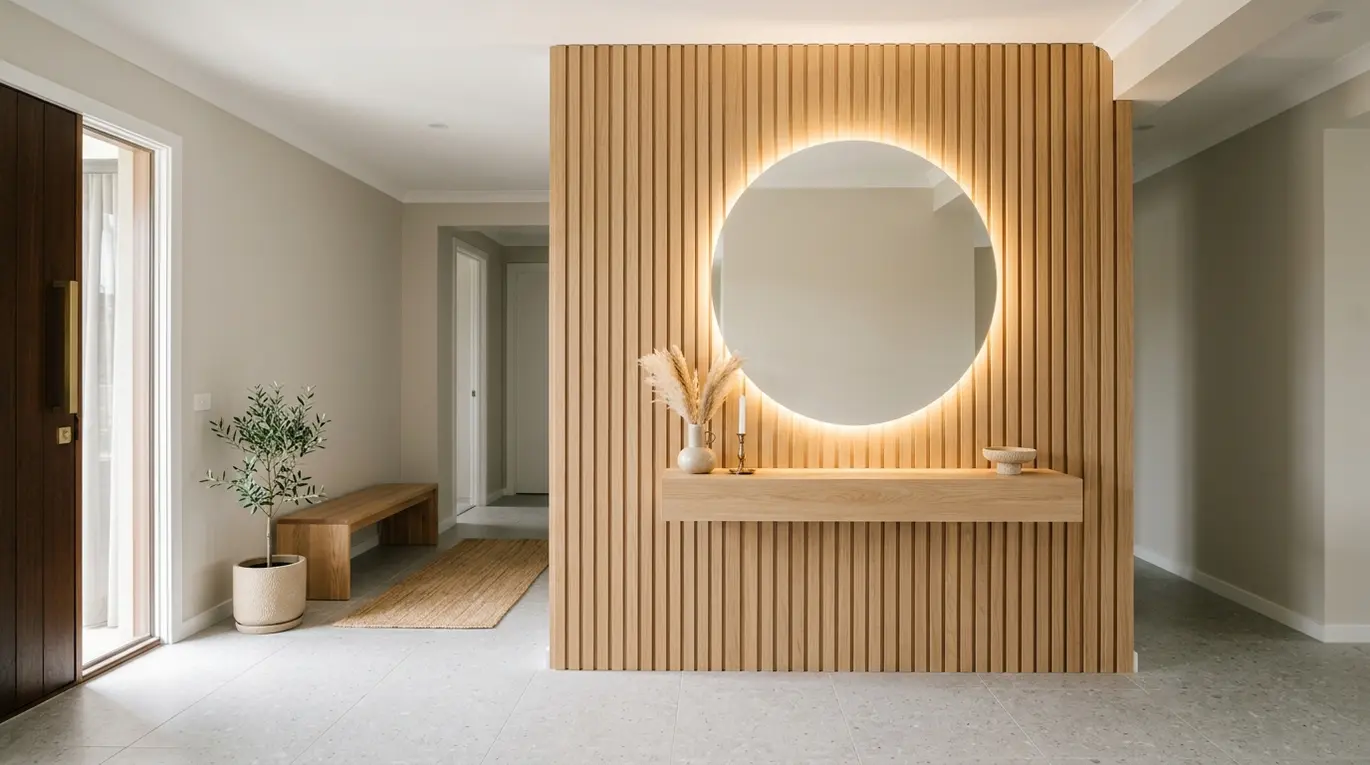 circular LED mirror entryway, wood slat entryway, floating shelf decor, modern foyer design