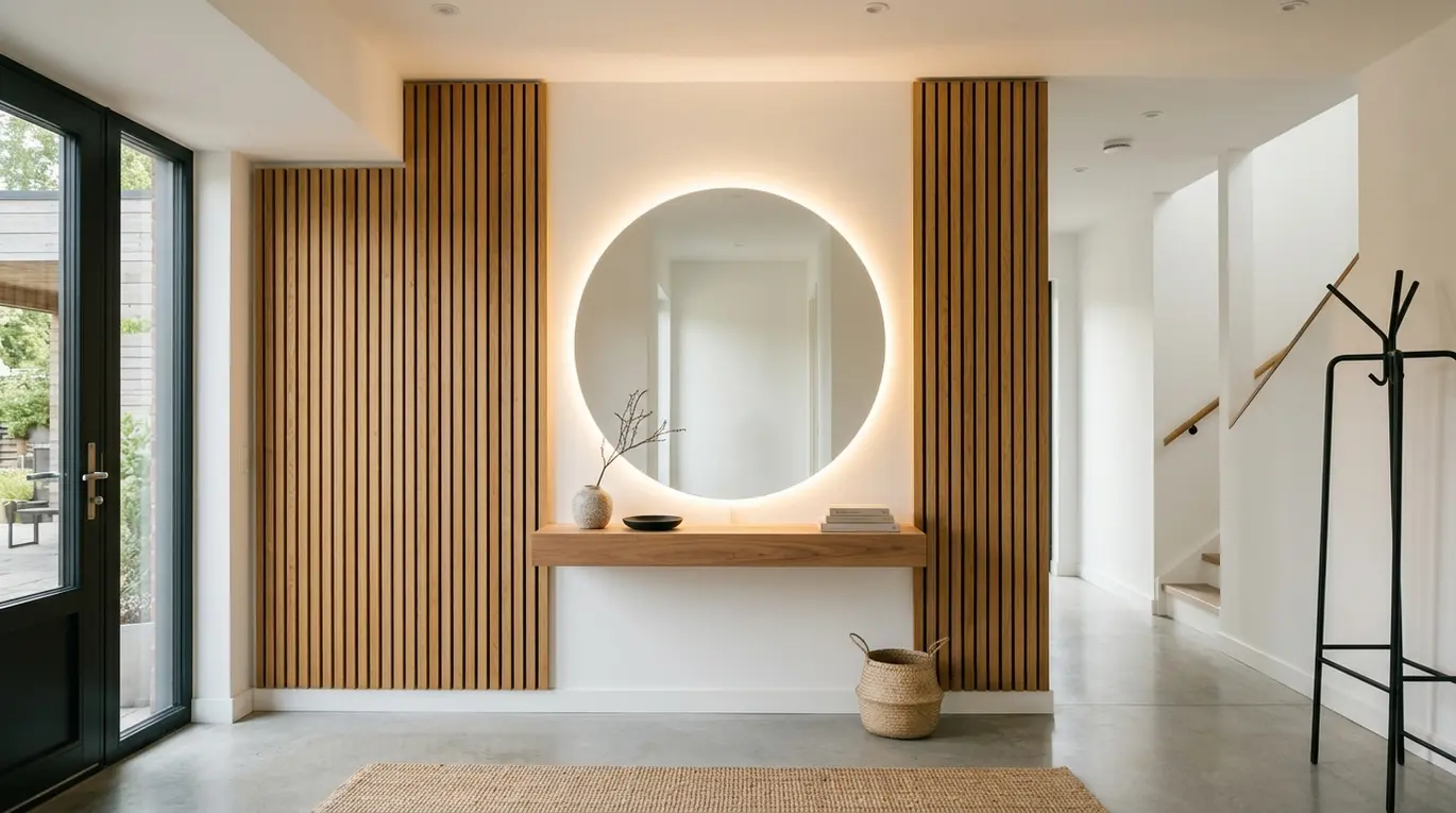 circular LED mirror entryway, wood slat wall, floating entryway shelf, modern entryway decor