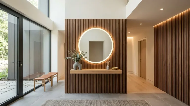 circular LED mirror entryway, wood slat design, floating shelf decor, modern entryway ideas