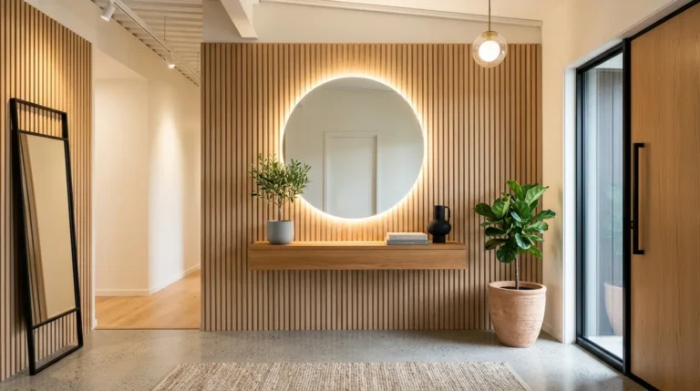 circular LED mirror entryway, wood slat design, floating shelf ideas, modern entryway decor