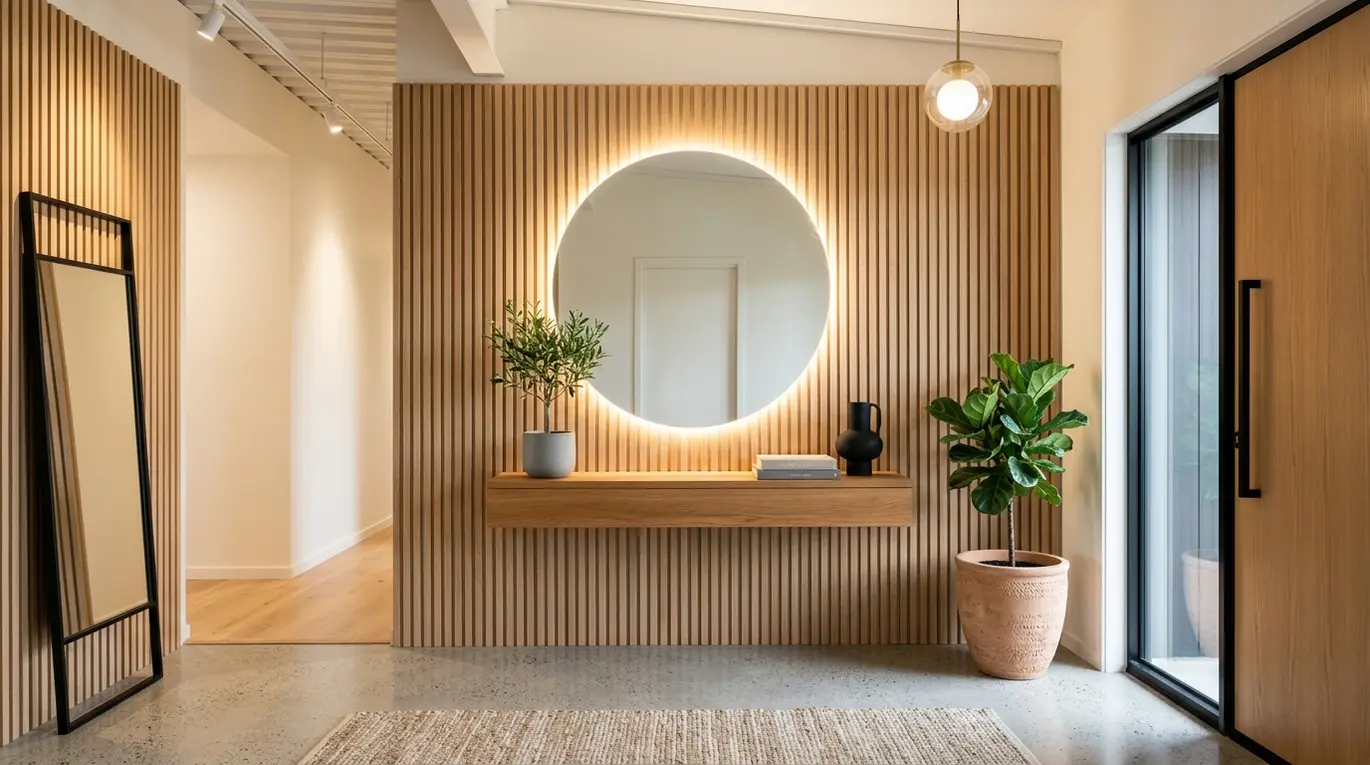 circular LED mirror entryway, wood slat design, floating shelf ideas, modern entryway decor