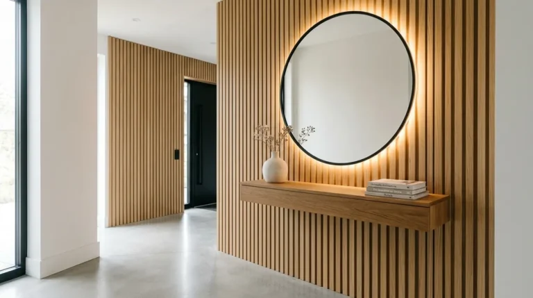 Circular LED Mirror Entryway with Wood Slats and Floating Shelf, modern entryway design, entryway lighting ideas, wood slat wall decor