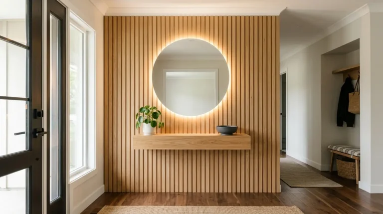 circular LED mirror entryway, wood slat wall, floating shelf decor, modern entryway