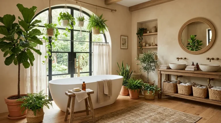 boho bathroom ideas, bohemian decor bathroom, natural bathroom design, relaxing bathroom oasis