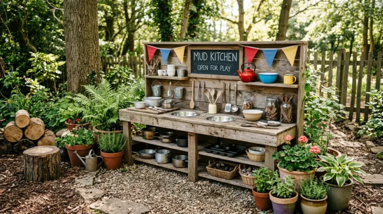 diy mud kitchen, outdoor play kitchen, kids garden activity, toddler sensory play