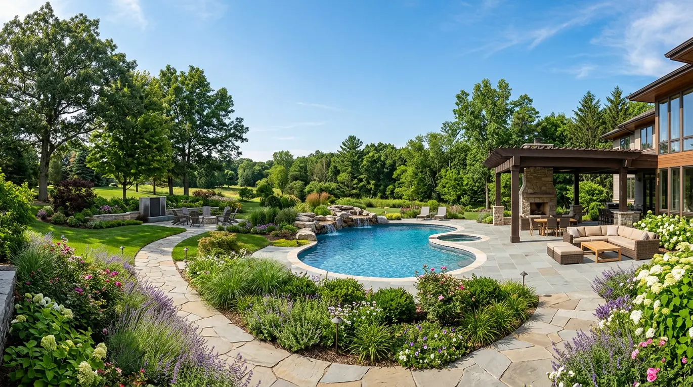large backyard landscaping, spacious garden design, luxury outdoor living, expansive yard ideas
