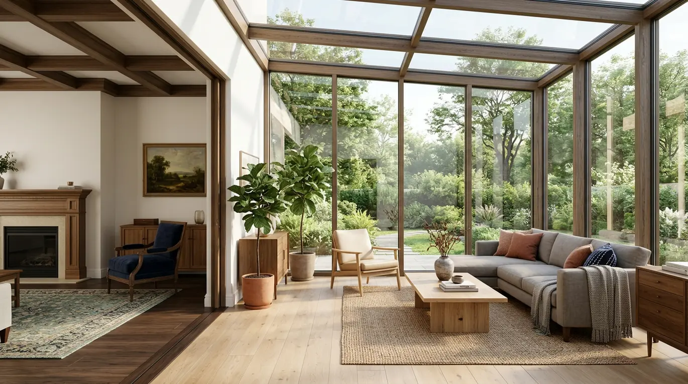 sunroom addition off living room, living room sunroom extension, all-season sunroom designs, bright home additions