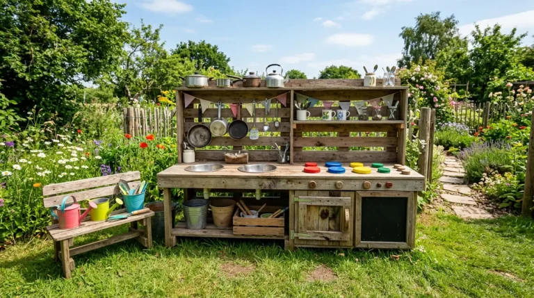 easy diy mud kitchen, outdoor play kitchen, diy kids activities, upcycled play area