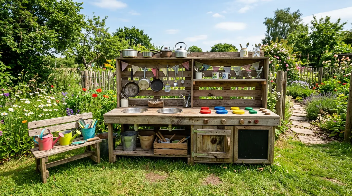 easy diy mud kitchen, outdoor play kitchen, diy kids activities, upcycled play area