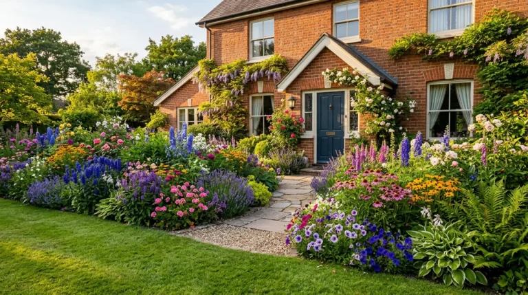 front flower bed ideas, curb appeal landscaping, colorful garden design, low maintenance flower beds