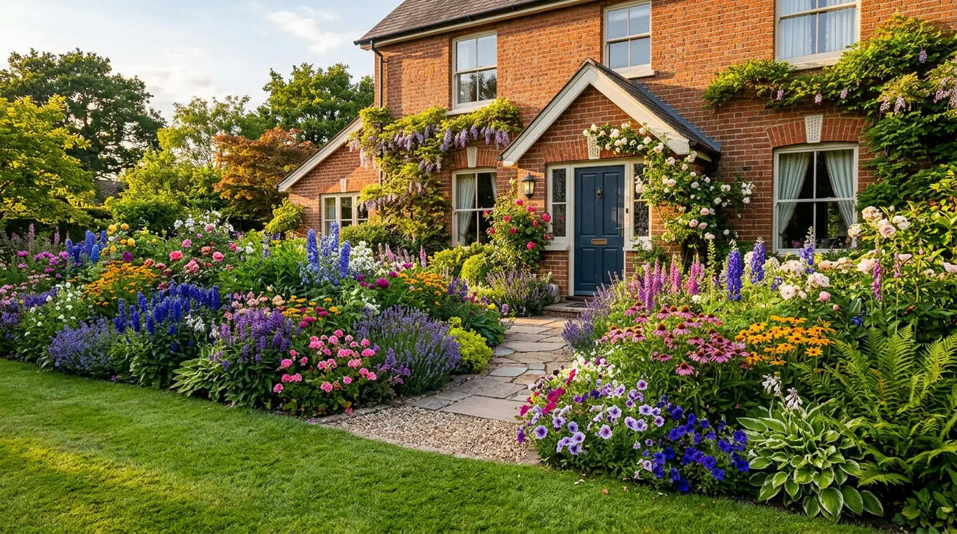 front flower bed ideas, curb appeal landscaping, colorful garden design, low maintenance flower beds
