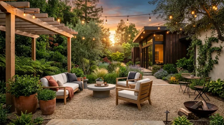 pea gravel patio, gravel patio ideas, backyard landscape, outdoor living space