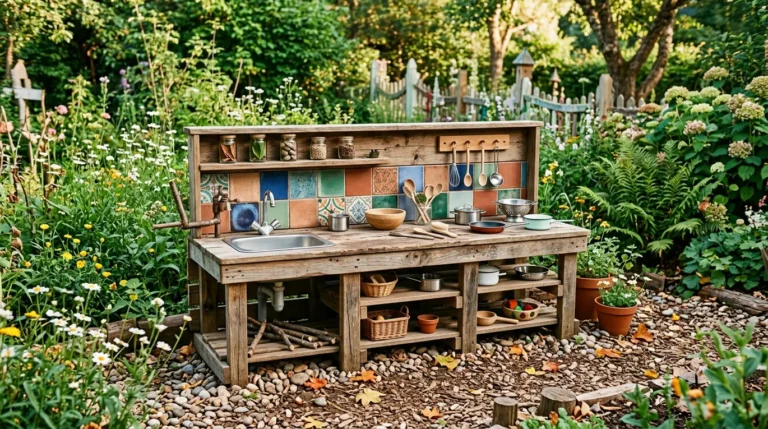 DIY mud kitchen ideas, outdoor play kitchen, toddler sensory play, upcycled kids kitchen
