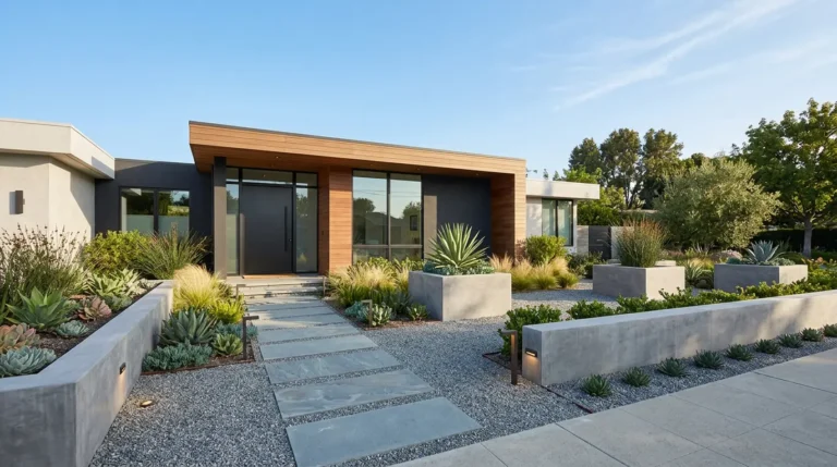 minimalist landscaping front yard, modern front yard design, simple garden ideas, low maintenance landscaping