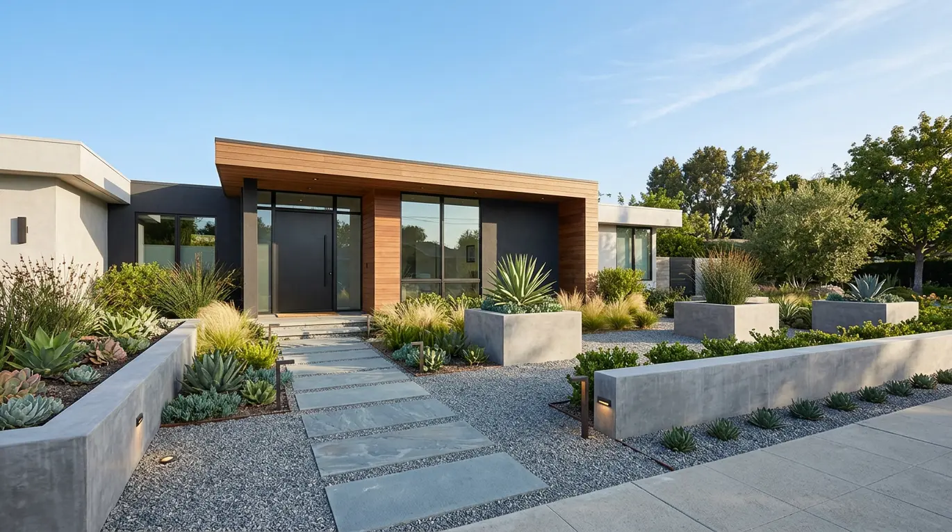 minimalist landscaping front yard, modern front yard design, simple garden ideas, low maintenance landscaping