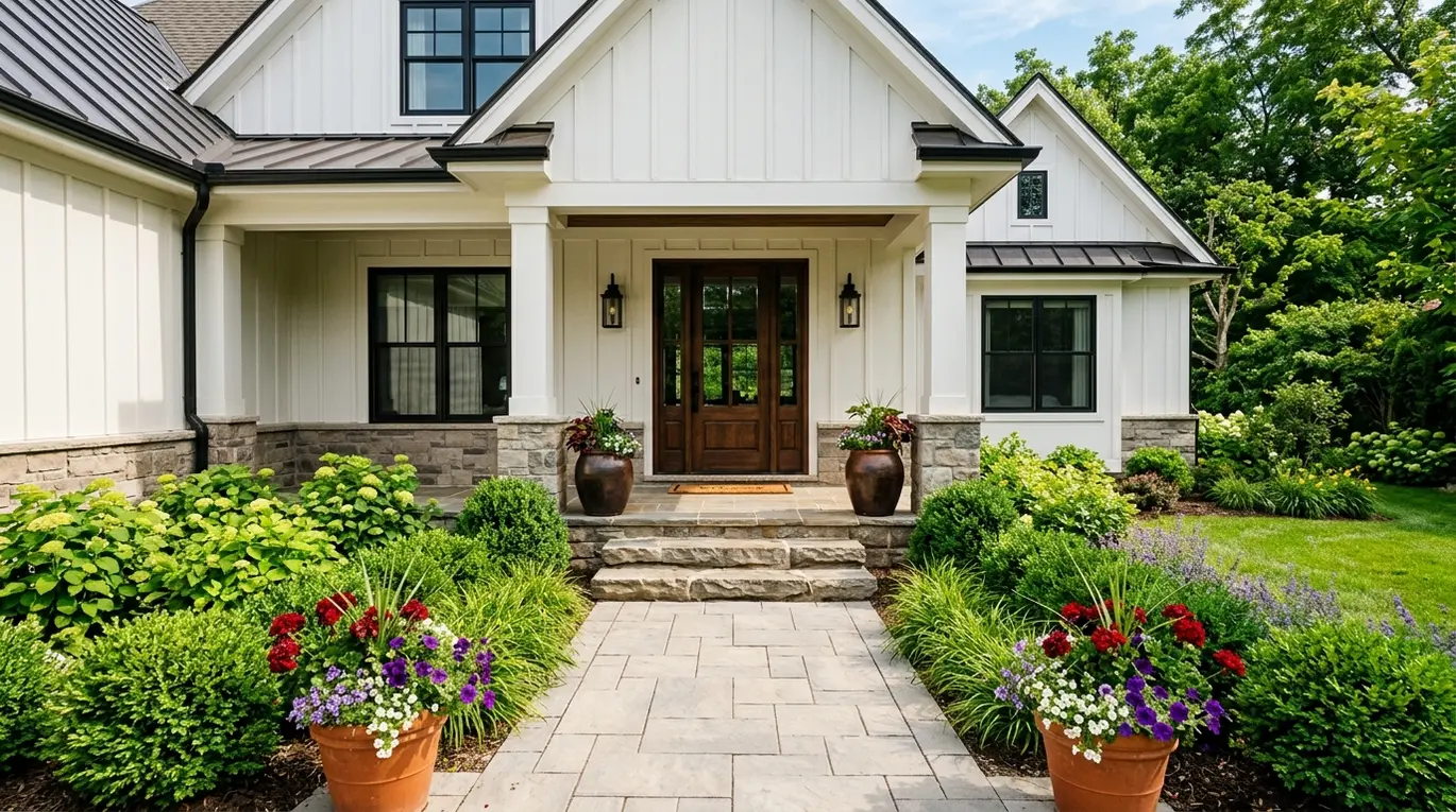 front entry landscaping ideas, curb appeal landscaping, entryway garden design, home exterior plants