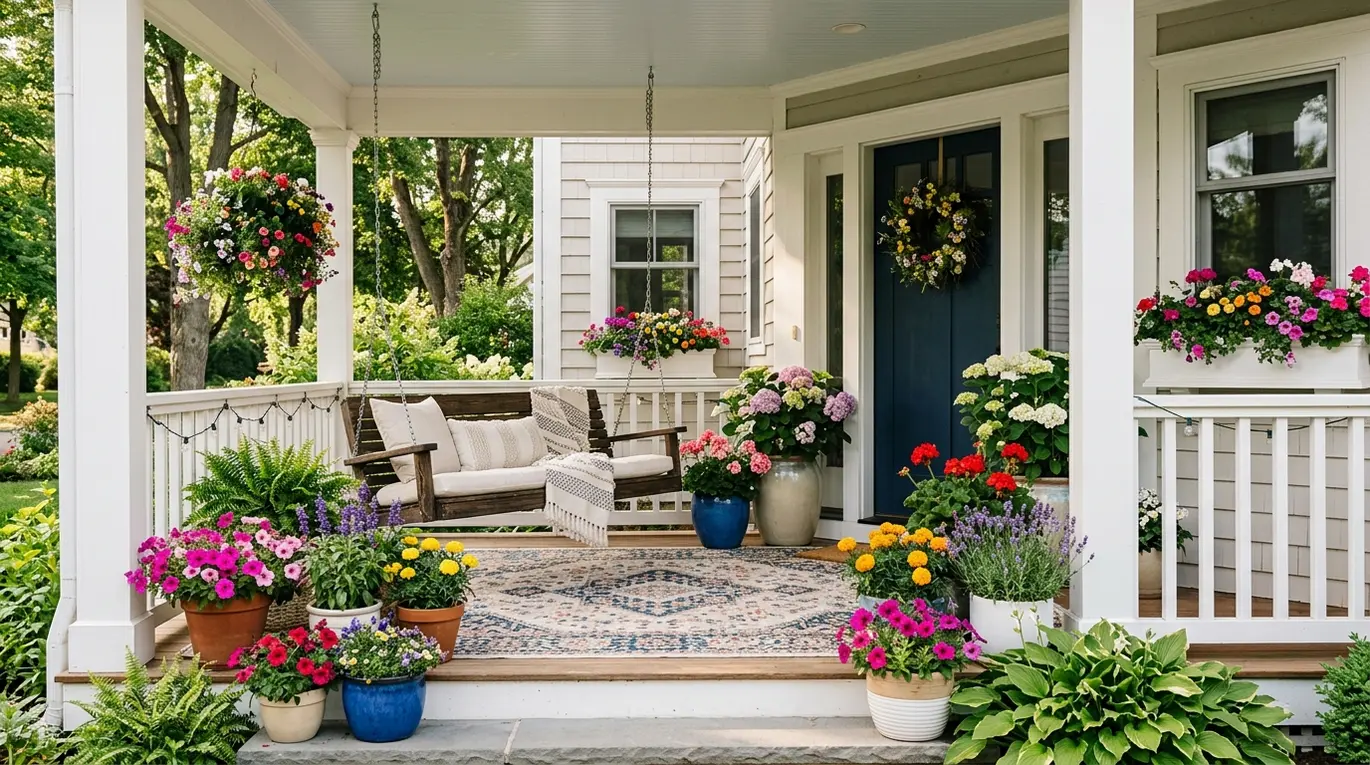 front porch flowers, curb appeal plants, outdoor container plants, welcoming entryway decor