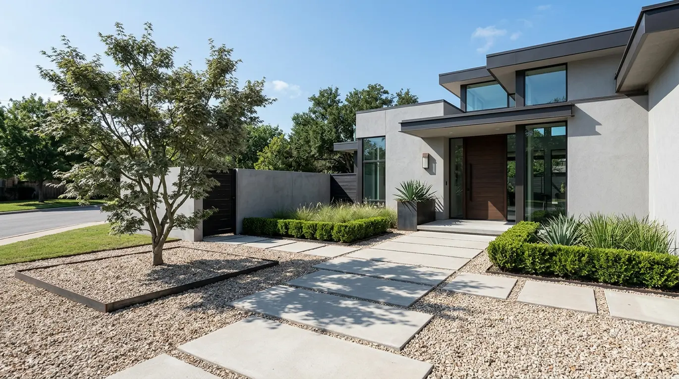 minimalist landscaping front yard, modern front yard design, low maintenance landscape, xeriscape ideas