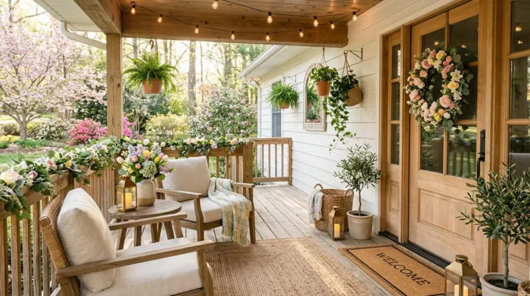 inviting spring porch ideas, seasonal outdoor decor, front door styling, colorful spring planters