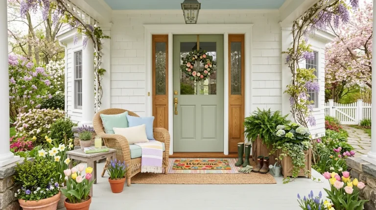 spring front porch ideas, seasonal porch decor, outdoor spring styling, colorful front entry