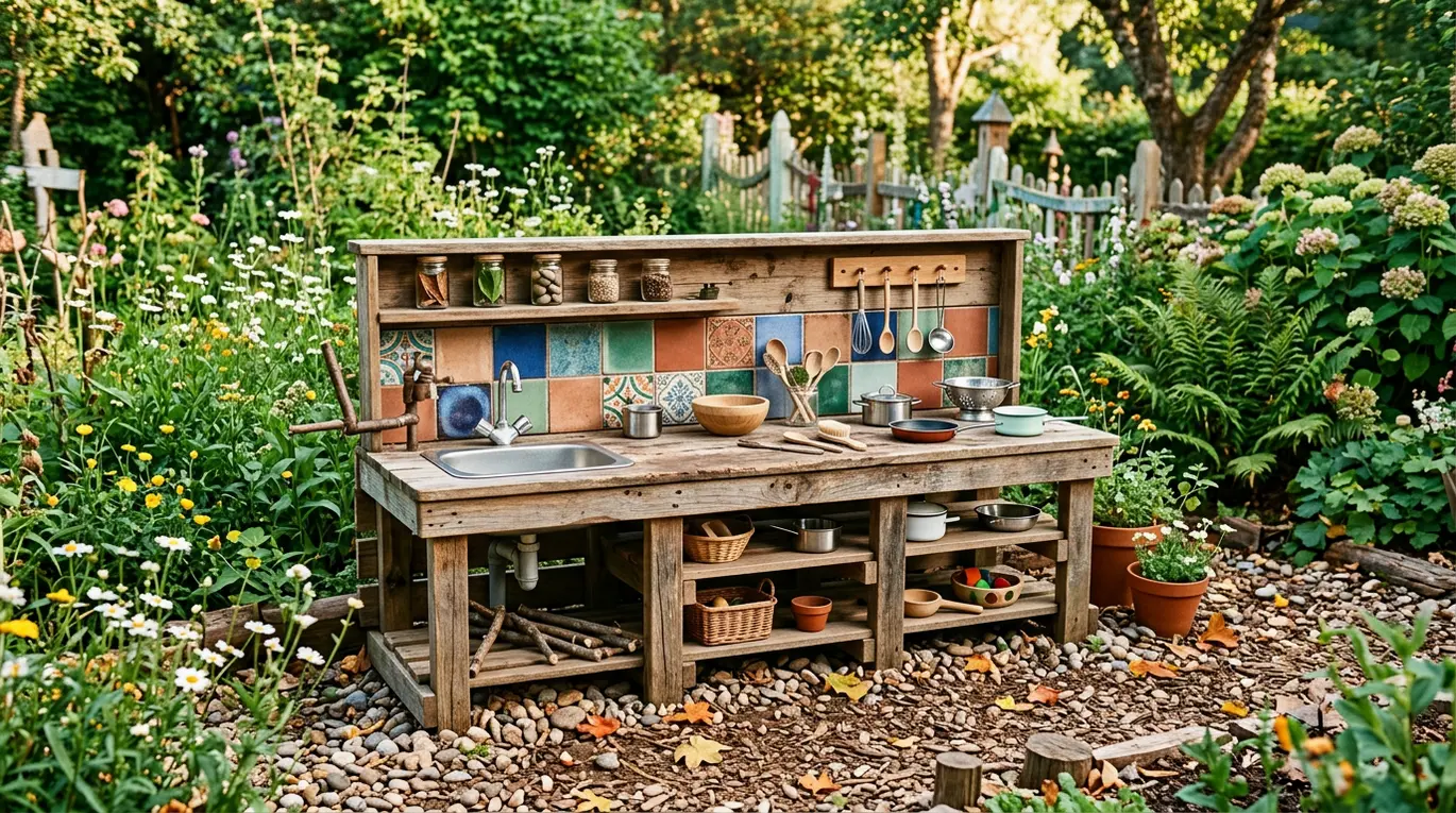 DIY mud kitchen ideas, outdoor play kitchen, toddler sensory play, upcycled kids kitchen